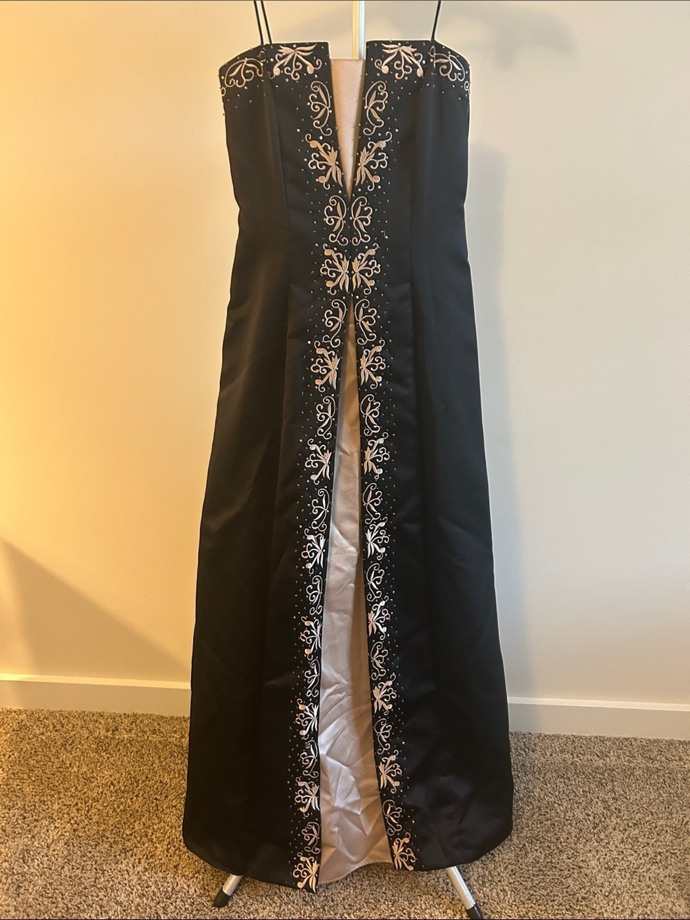 Black Strapless Evening Gown with Cream Embroidery